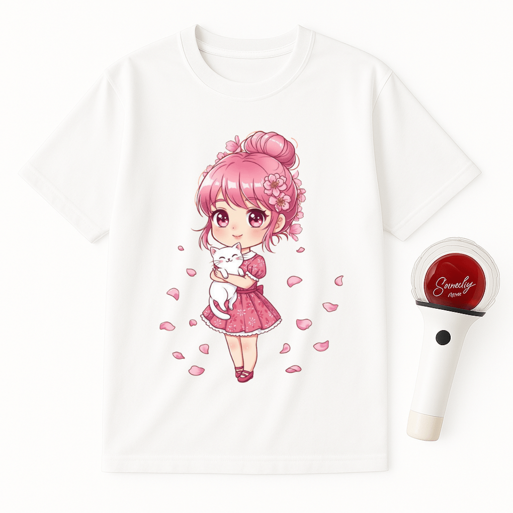 ANIME GIRL WHITE CAT T-SHIRT