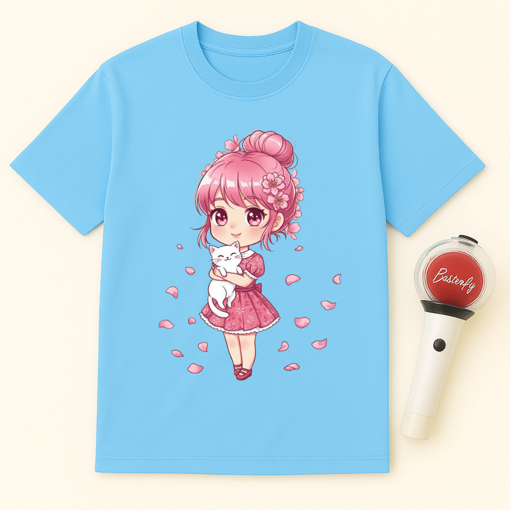 ANIME GIRL WHITE CAT T-SHIRT