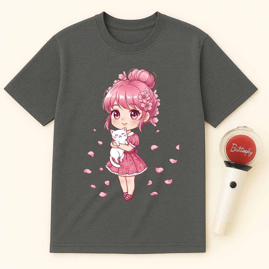 ANIME GIRL WHITE CAT T-SHIRT