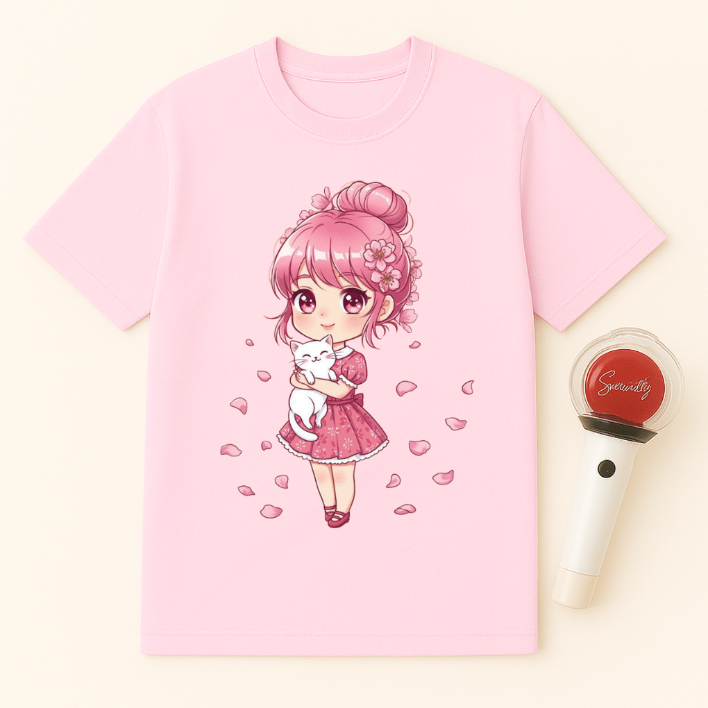ANIME GIRL WHITE CAT T-SHIRT