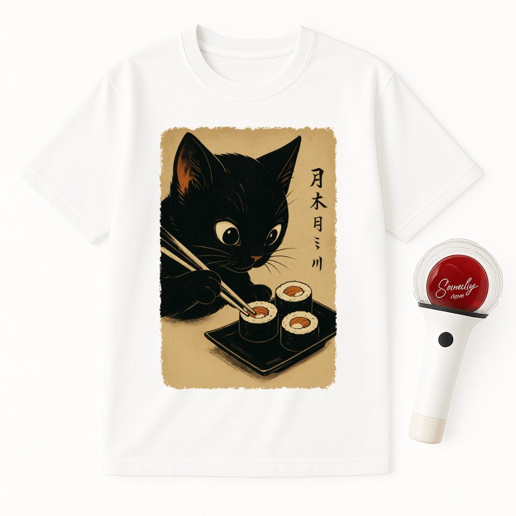 BLACK CAT EATING SUSHI UNISEX T-SHIRT