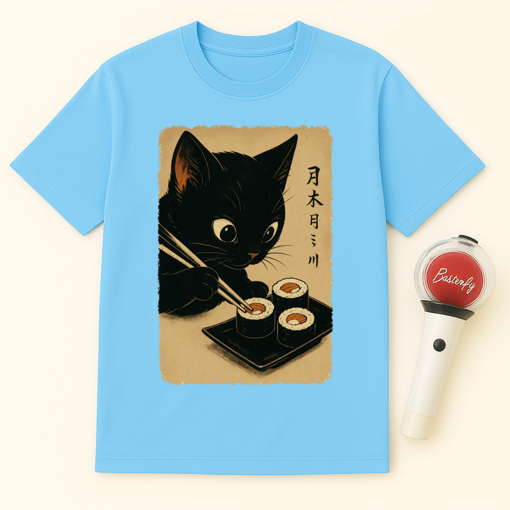BLACK CAT EATING SUSHI UNISEX T-SHIRT