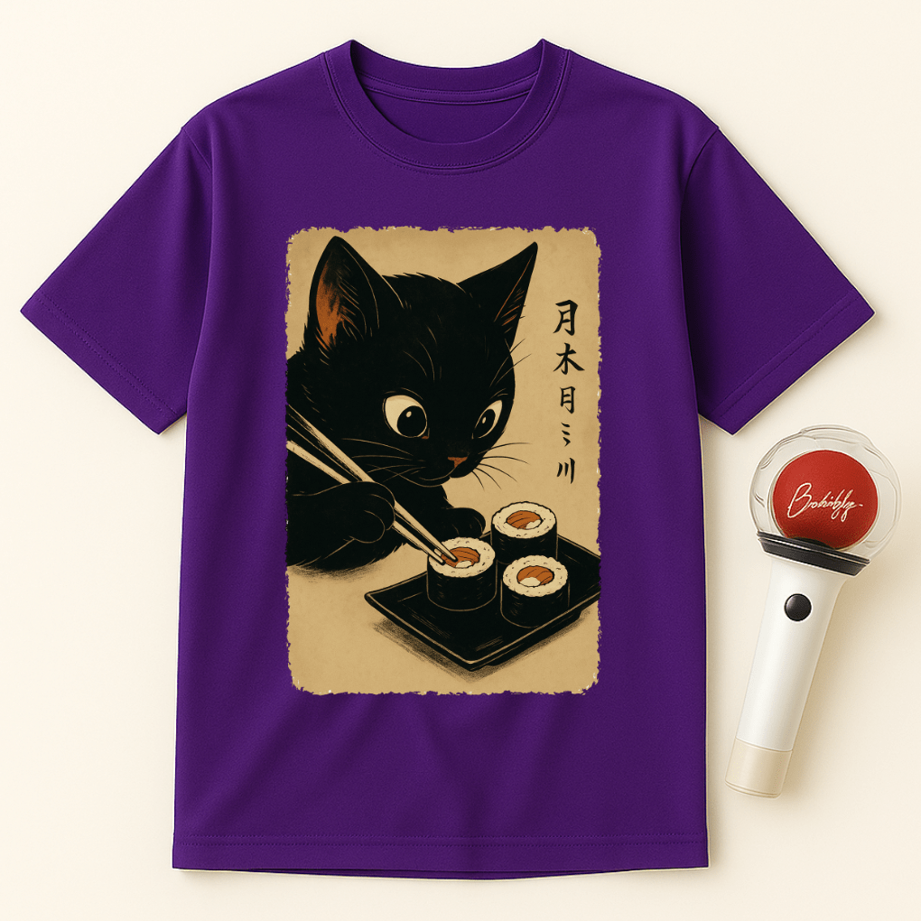 BLACK CAT EATING SUSHI UNISEX T-SHIRT