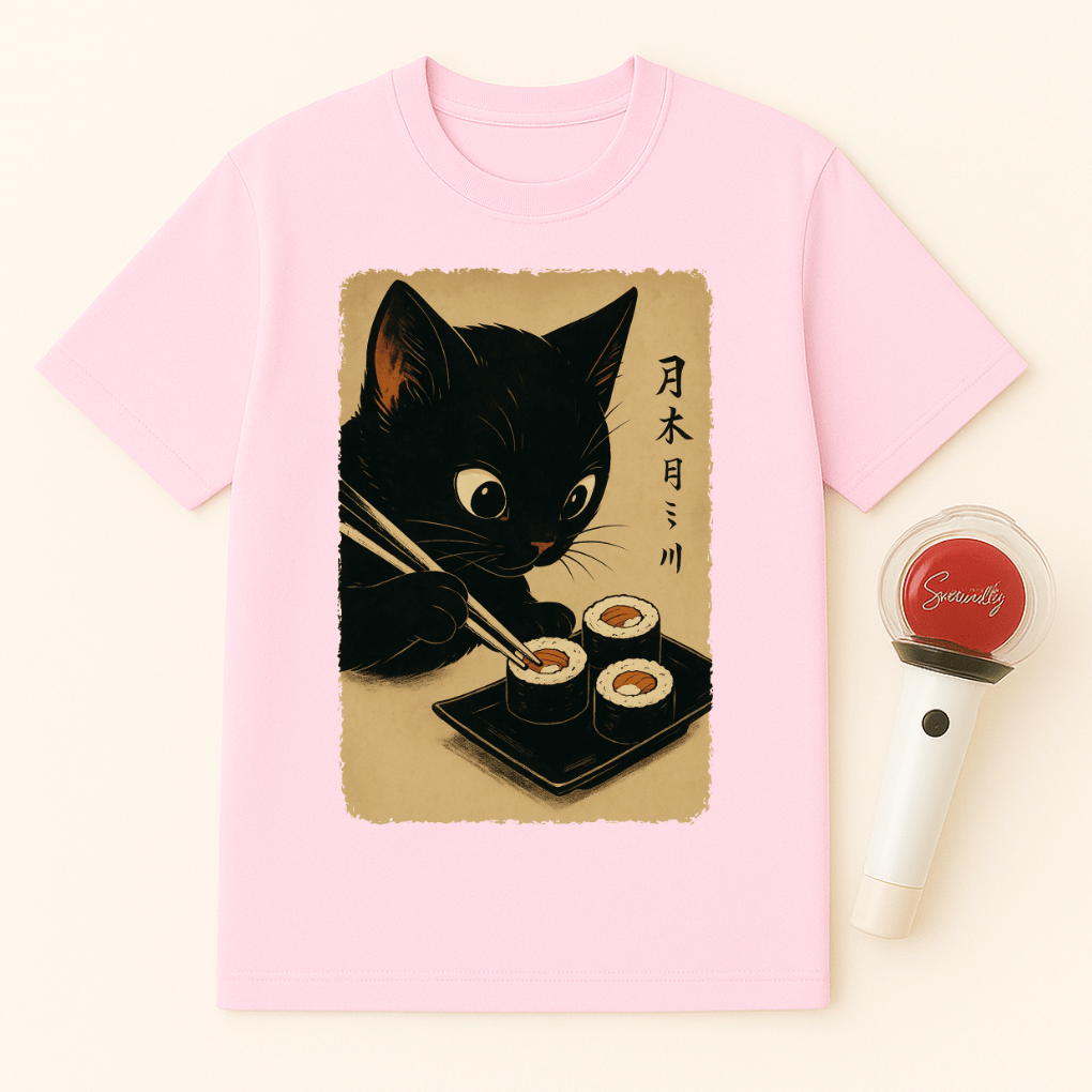 BLACK CAT EATING SUSHI UNISEX T-SHIRT