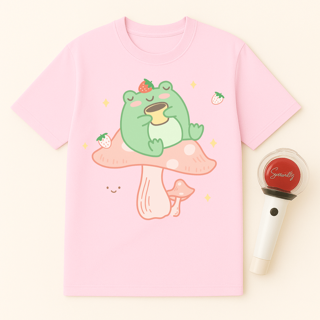 FROG SITTING ON PINK MUSHROOM UNISEX T-SHIRT