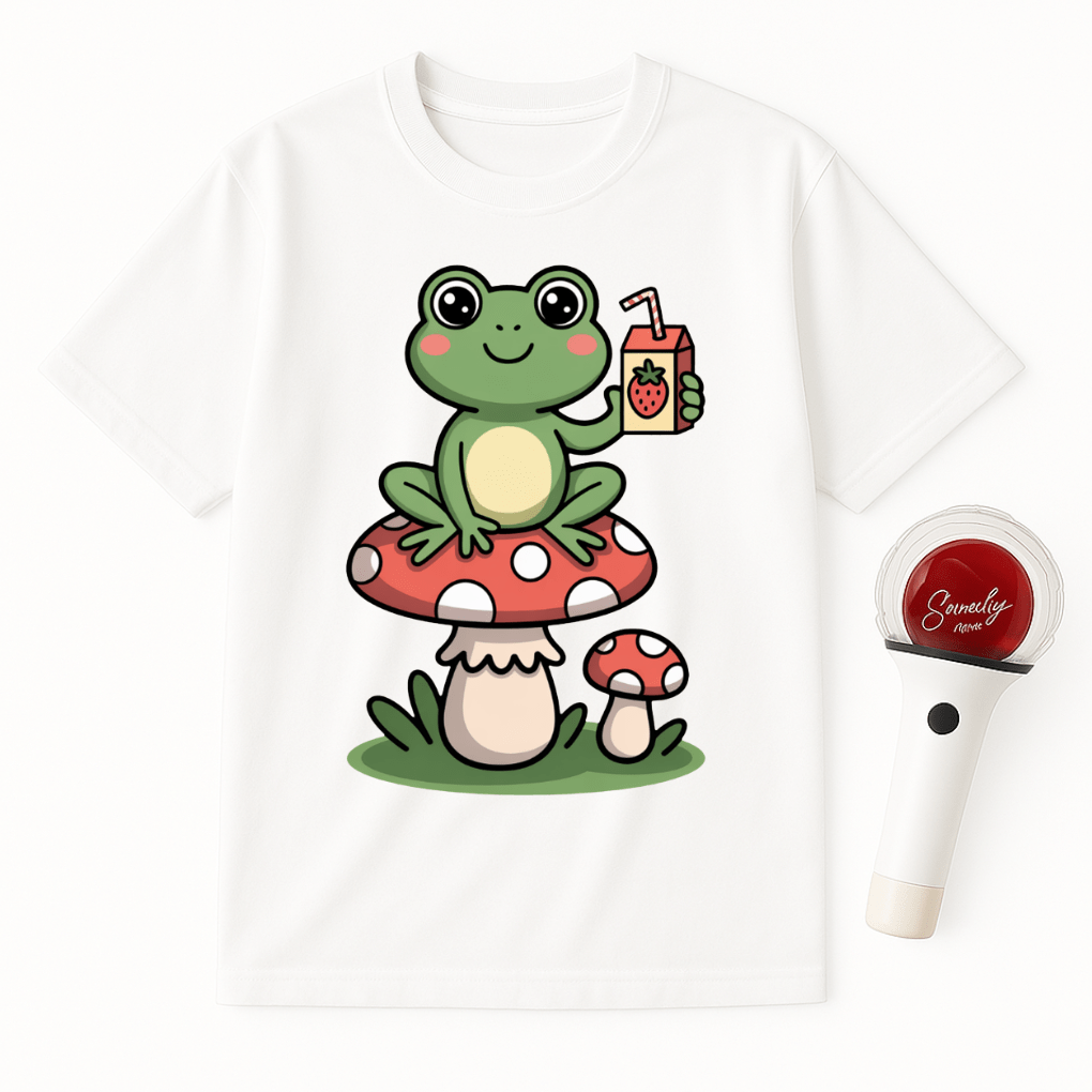 FROG SITTING ON MUSHROOM DRINKING STRAWBERRY UNISEX T-SHIRT