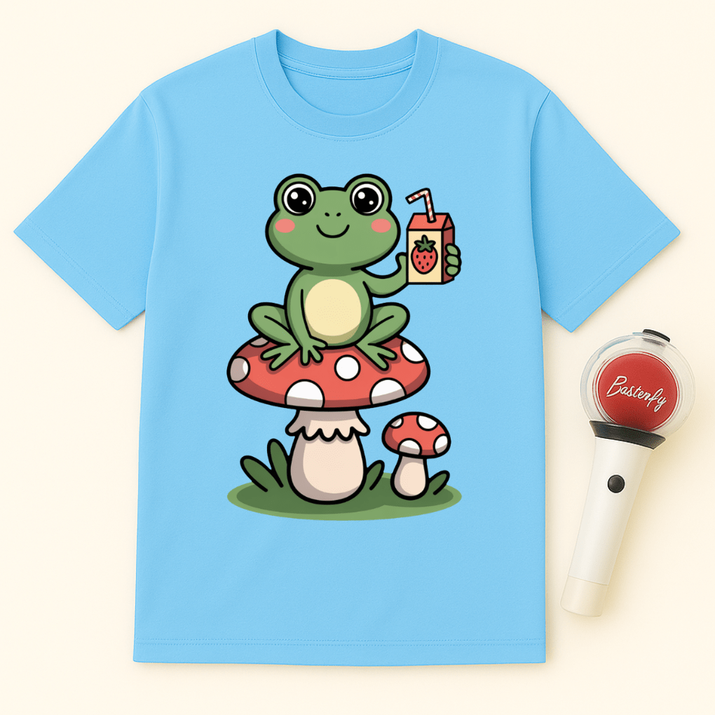 FROG SITTING ON MUSHROOM DRINKING STRAWBERRY UNISEX T-SHIRT