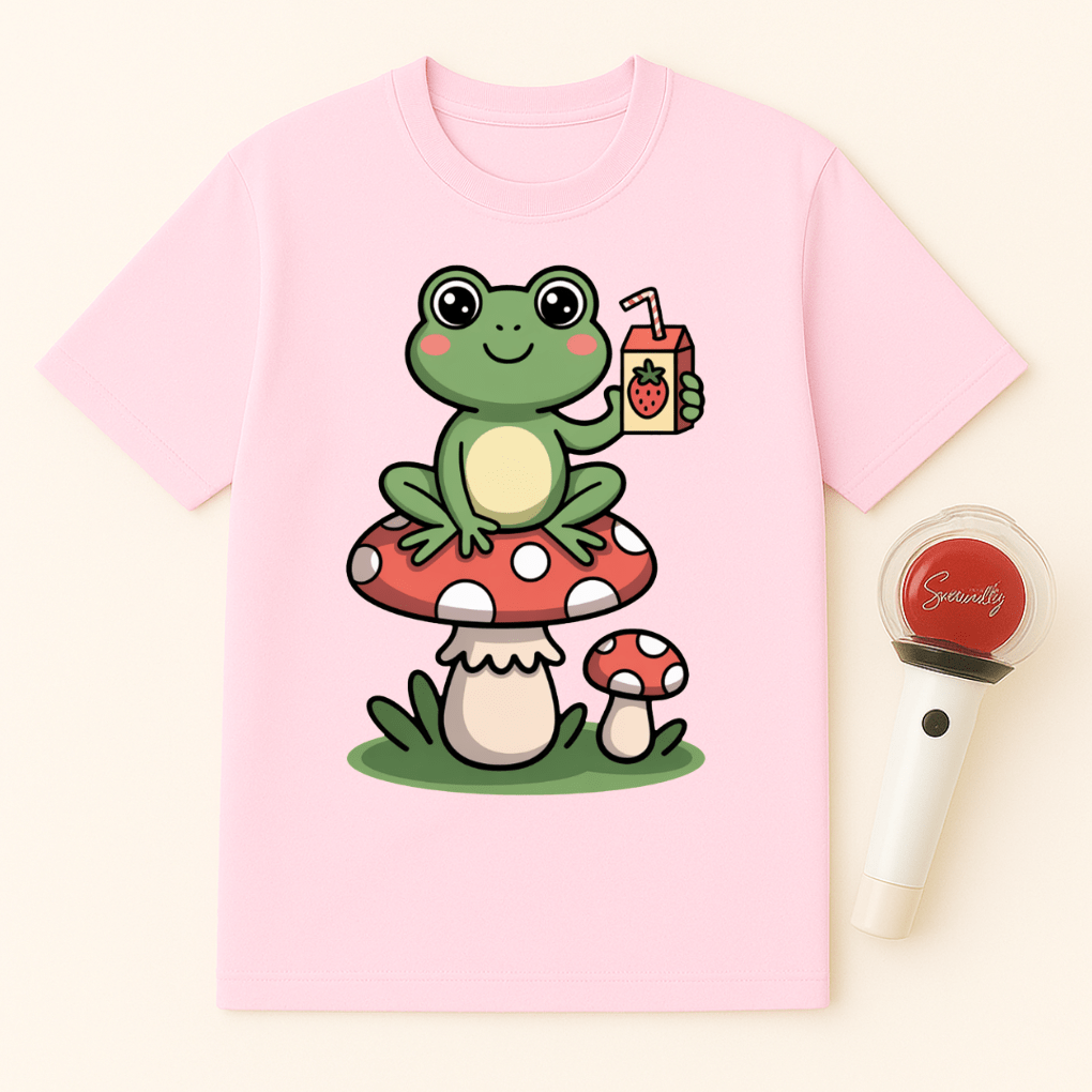 FROG SITTING ON MUSHROOM DRINKING STRAWBERRY UNISEX T-SHIRT