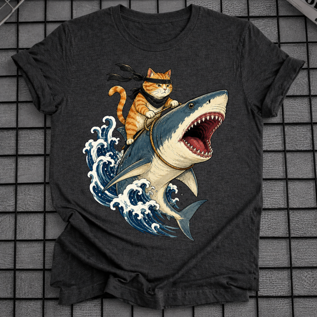 CAT RIDING SHARK T-SHIRT