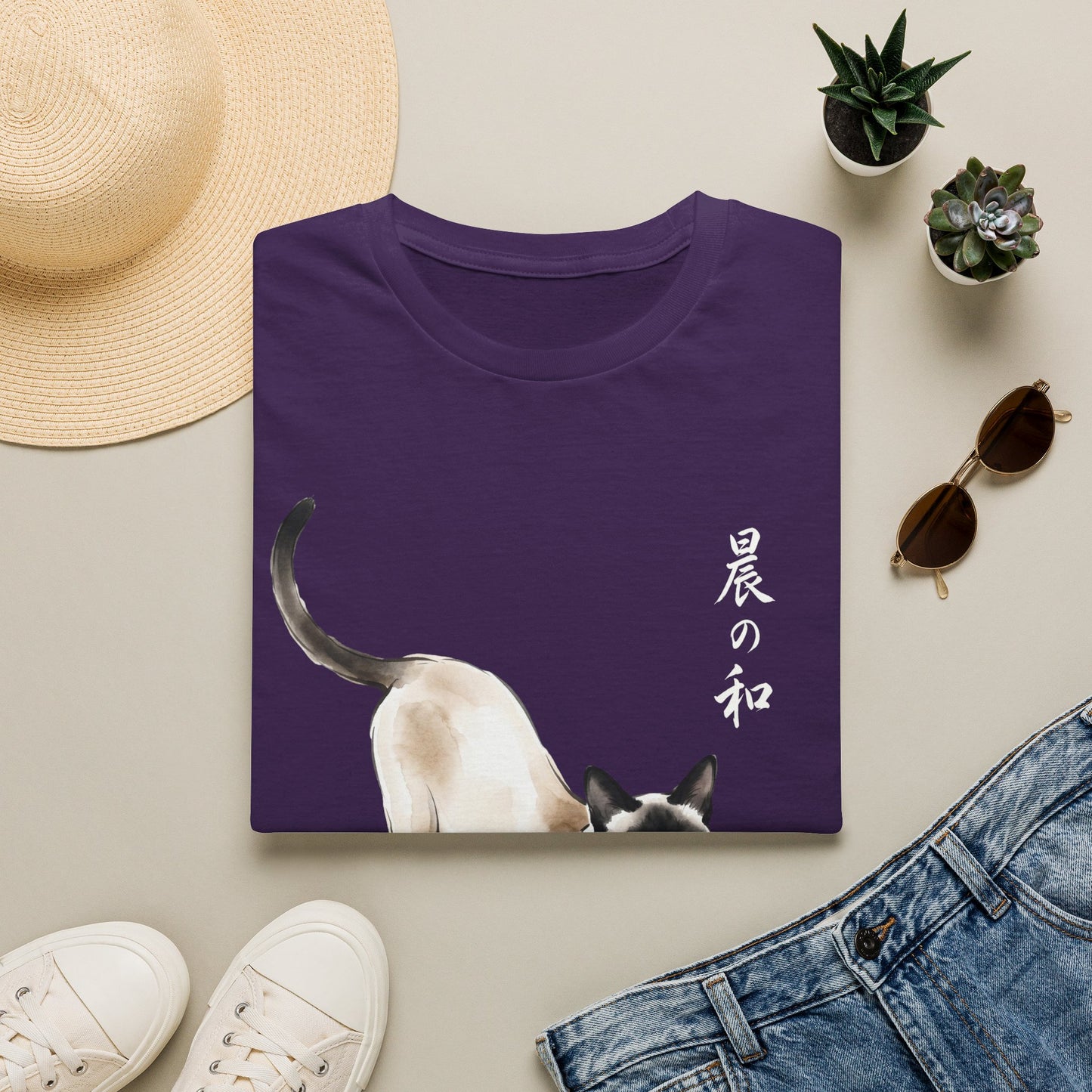 Siamese Cat Stretch T-Shirt — Japanese Brushstroke '晨の和' Design