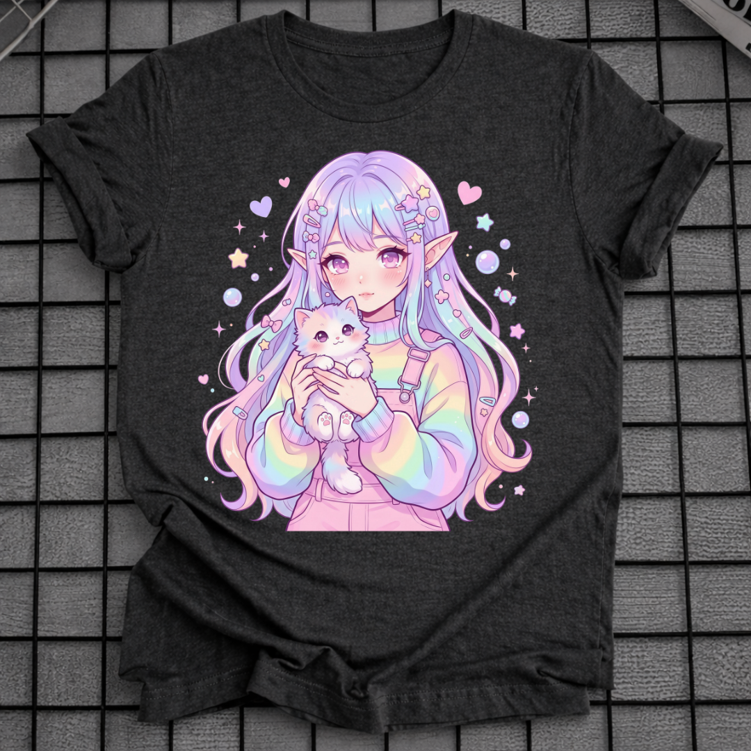 PASTELL ANIME MÄDCHEN HÄLT KATZE T-SHIRT