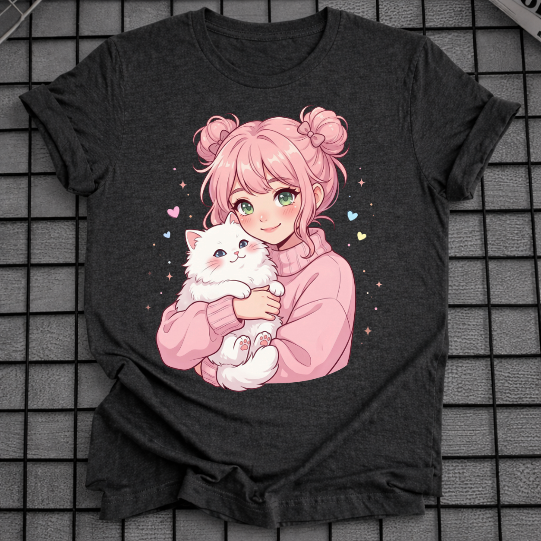 ANIME-MÄDCHEN UMARMT KATZE T-SHIRT