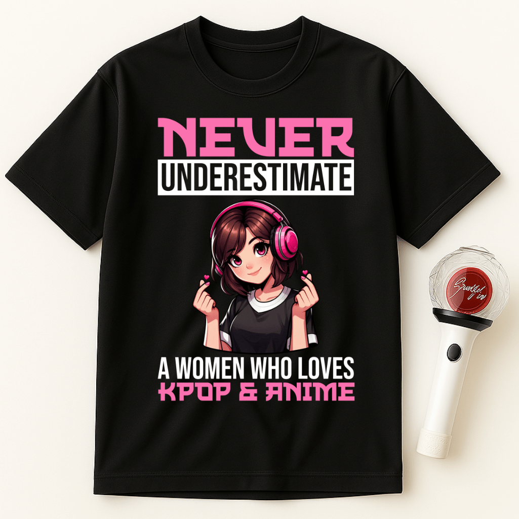 NEVER UNDERESTIMATE A WOMAN WHO LOVES K-POP & ANIME UNISEX T-SHIRT
