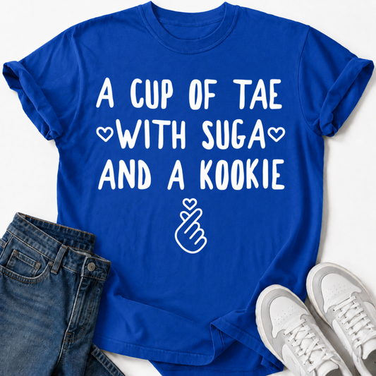 A CUP OF TAE SUGA AND A KOOKIE T-SHIRT
