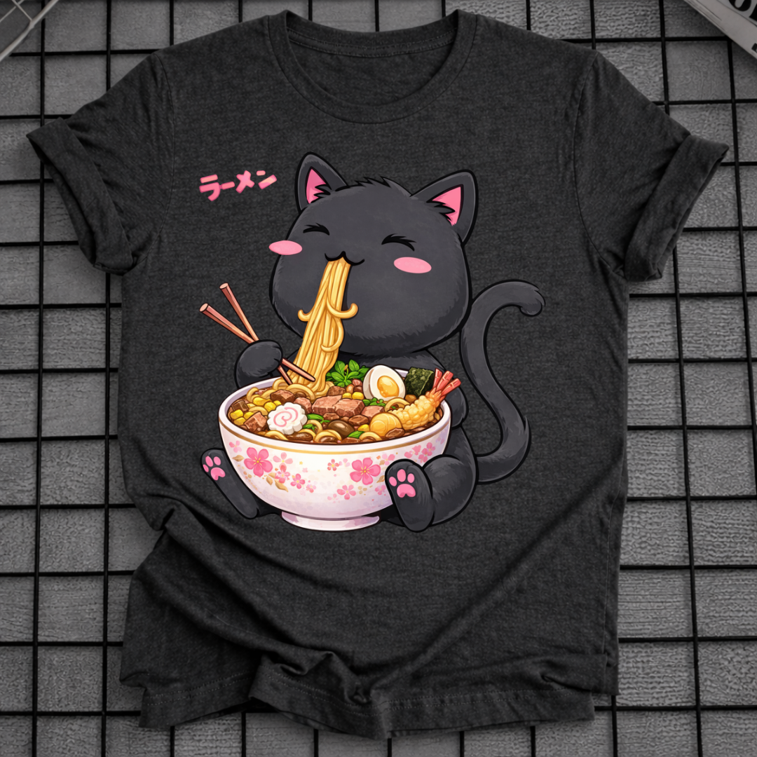 BLACK CAT EATING RAMEN T-SHIRT