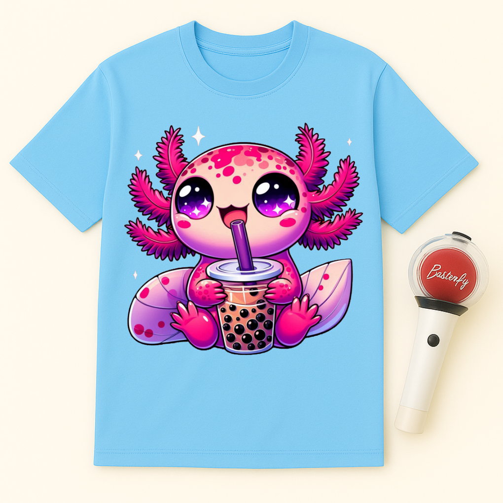 PINK AXOLOTL DRINKING BUBBLE TEA UNISEX T-SHIRT