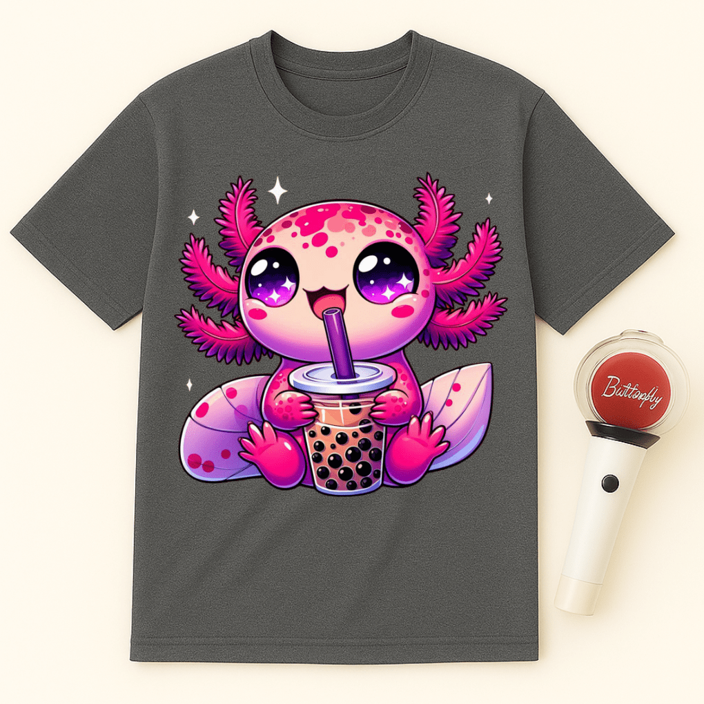 PINK AXOLOTL DRINKING BUBBLE TEA UNISEX T-SHIRT