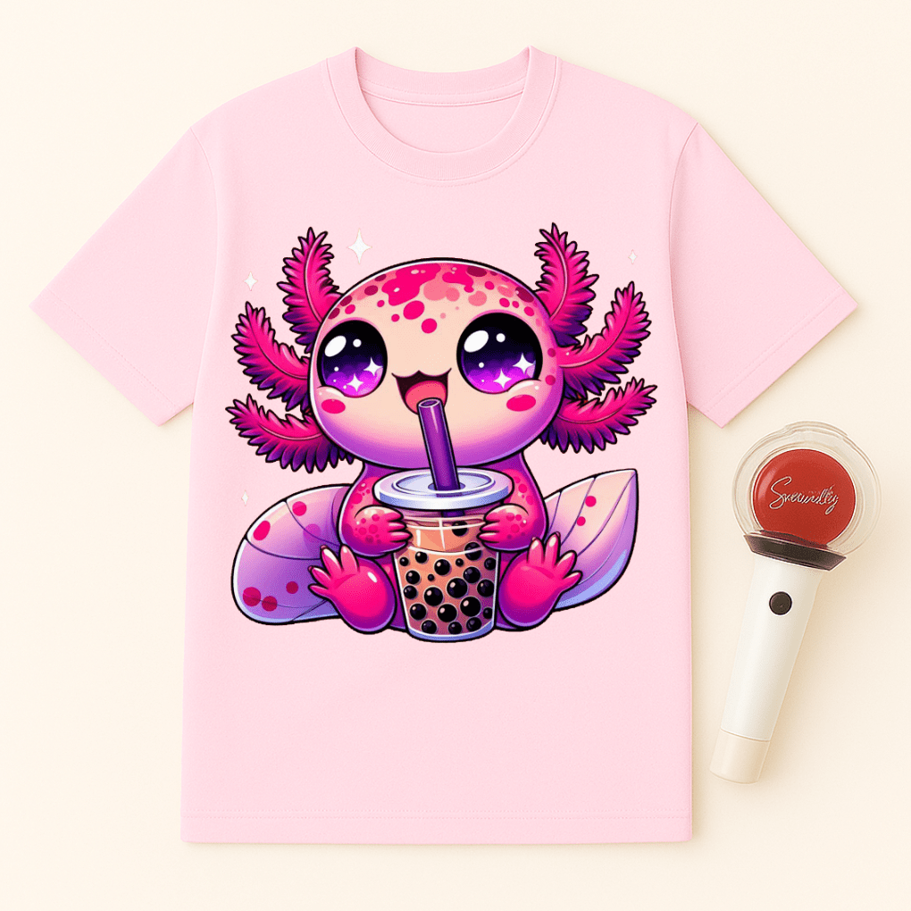 PINK AXOLOTL DRINKING BUBBLE TEA UNISEX T-SHIRT