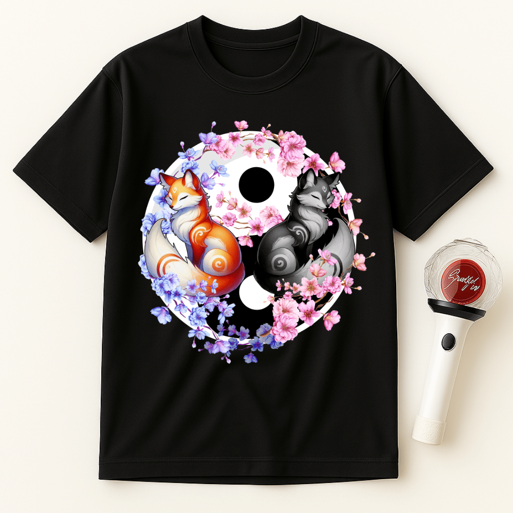 YIN YANG FOXES CHERRY BLOSSOMS UNISEX T-SHIRT
