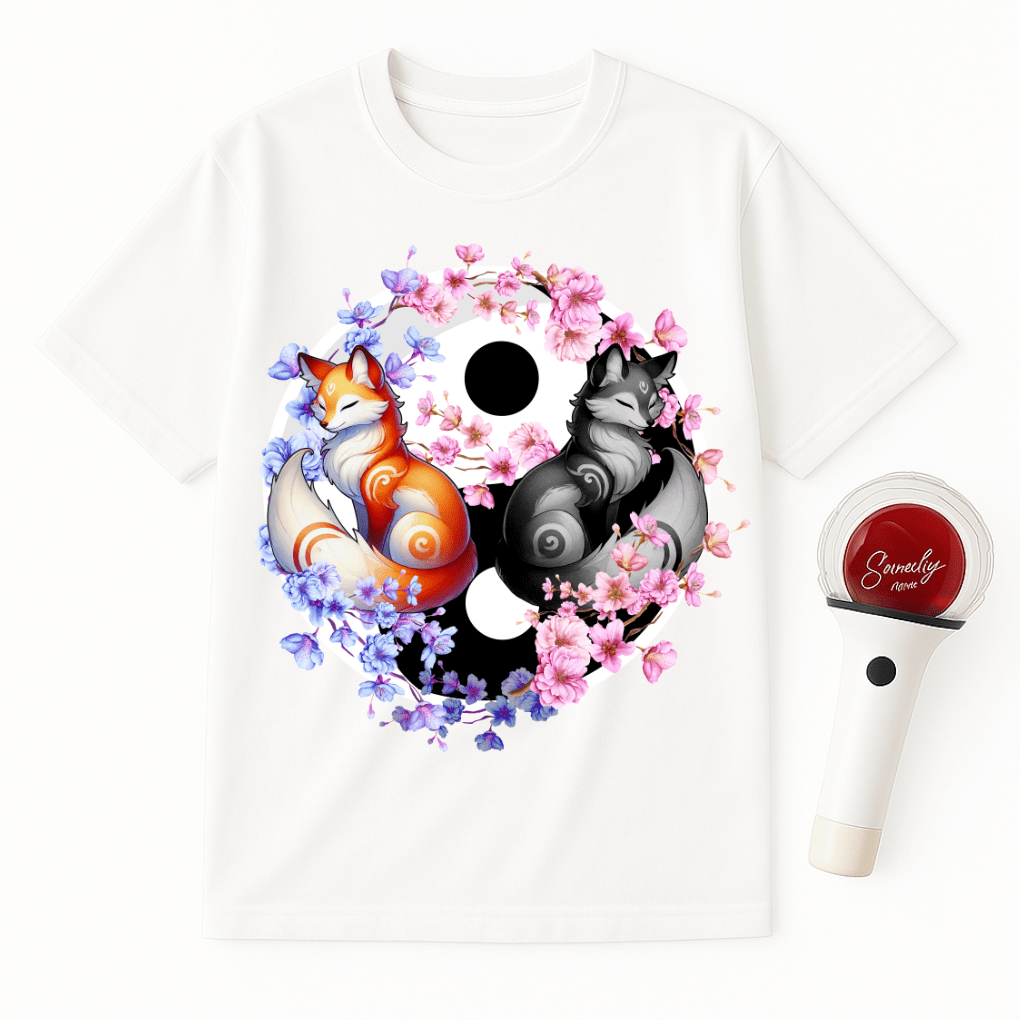 YIN YANG FOXES CHERRY BLOSSOMS UNISEX T-SHIRT