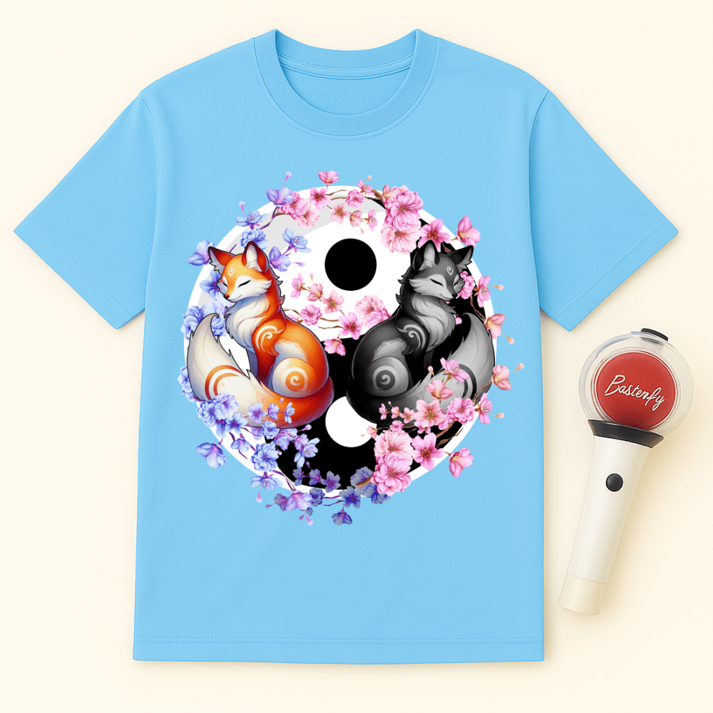 YIN YANG FOXES CHERRY BLOSSOMS UNISEX T-SHIRT