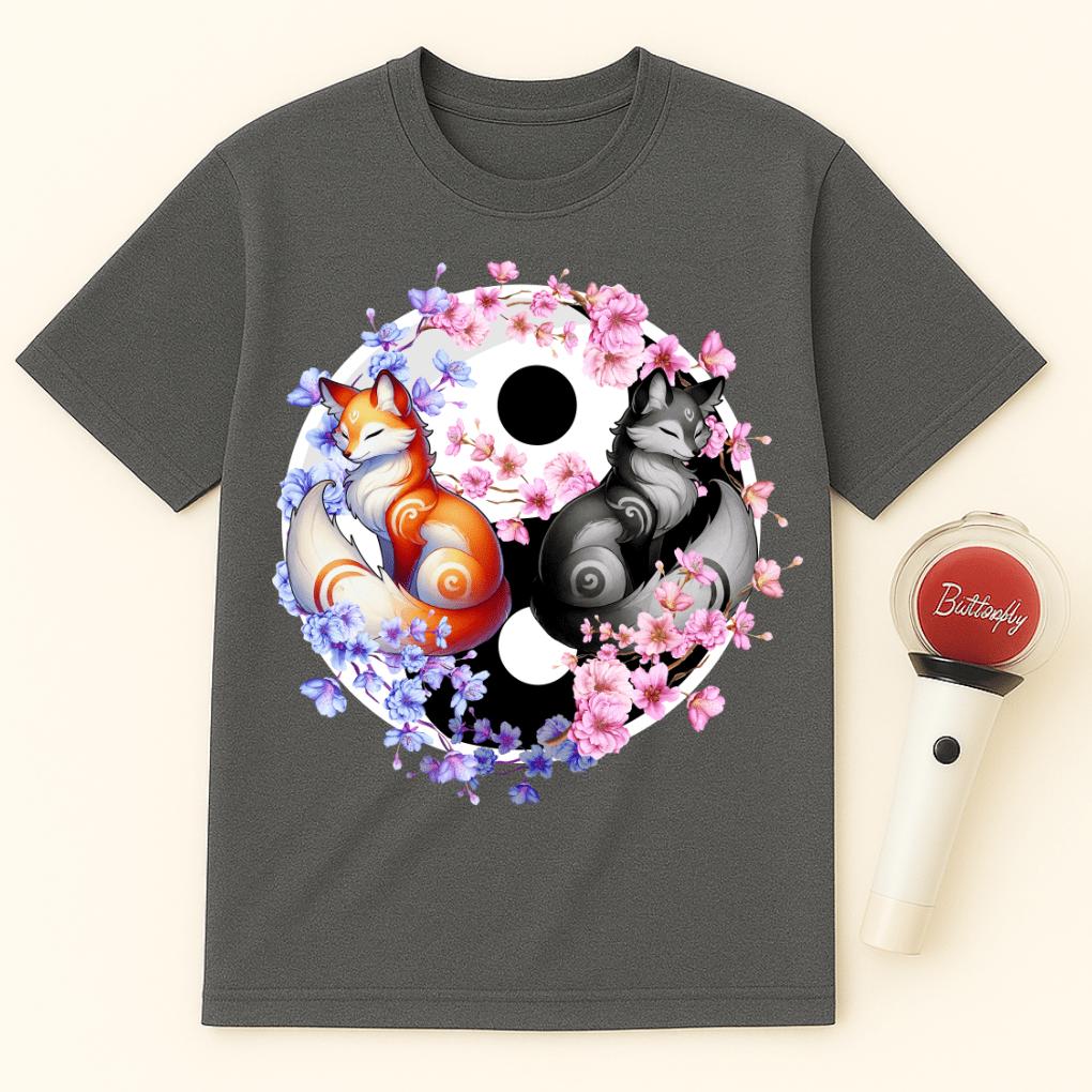 YIN YANG FOXES CHERRY BLOSSOMS UNISEX T-SHIRT