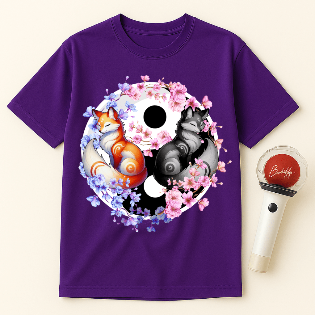 YIN YANG FOXES CHERRY BLOSSOMS UNISEX T-SHIRT