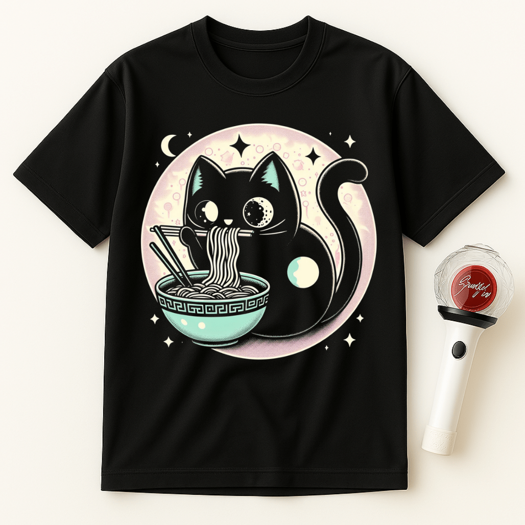 BLACK CAT EATING RAMEN MOONLIGHT UNISEX T-SHIRT