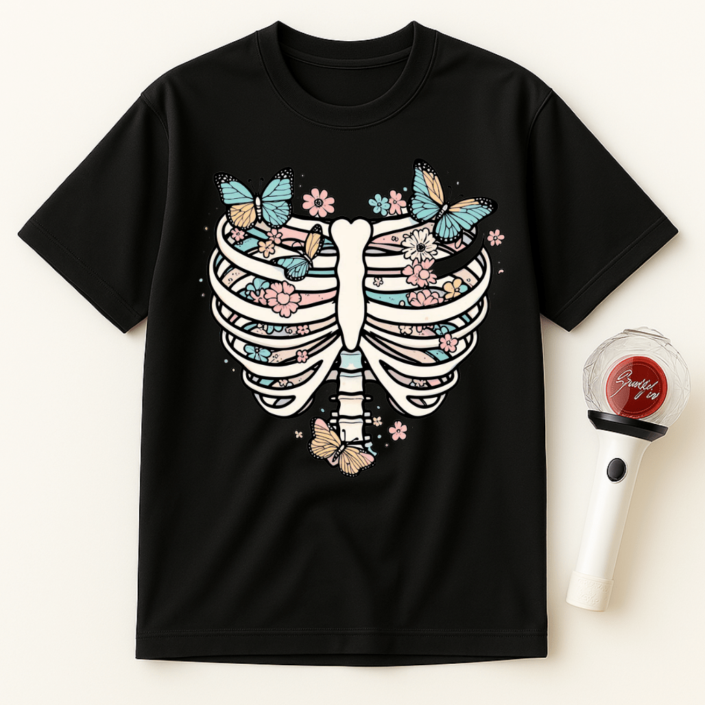 BUTTERFLIES PASTEL RIB CAGE FLORAL UNISEX T-SHIRT