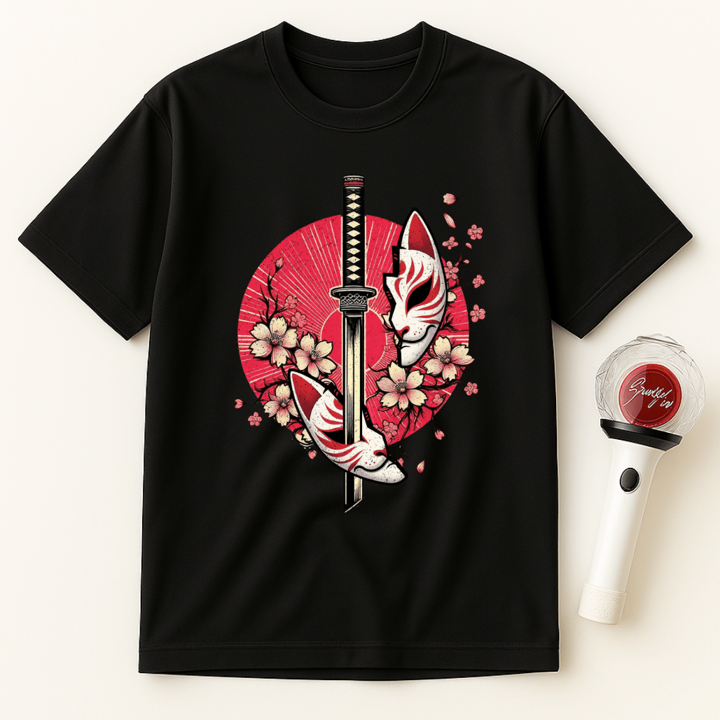 KATANA KITSUNE MASK CHERRY BLOSSOMS UNISEX T-SHIRT