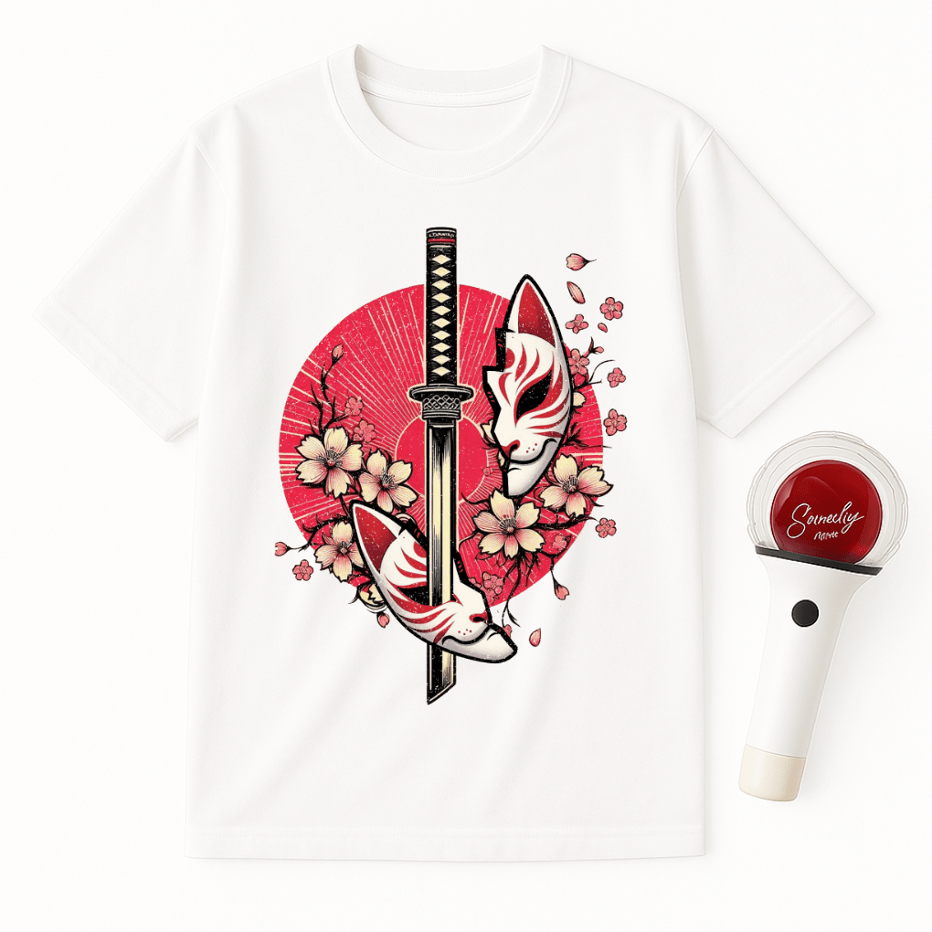 KATANA KITSUNE MASK CHERRY BLOSSOMS UNISEX T-SHIRT