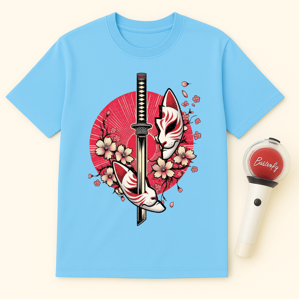 KATANA KITSUNE MASK CHERRY BLOSSOMS UNISEX T-SHIRT