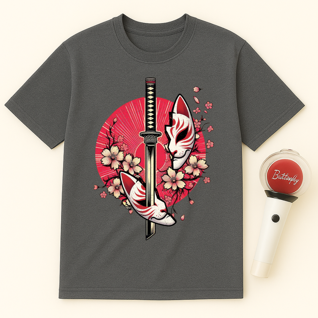 KATANA KITSUNE MASK CHERRY BLOSSOMS UNISEX T-SHIRT