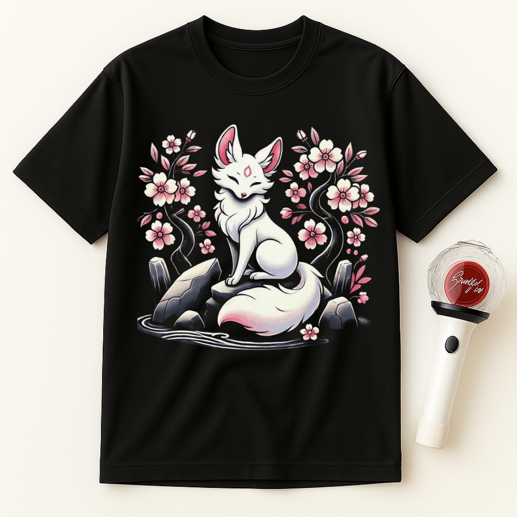 WHITE FOX WITH SAKURA BLOSSOMS UNISEX T-SHIRT