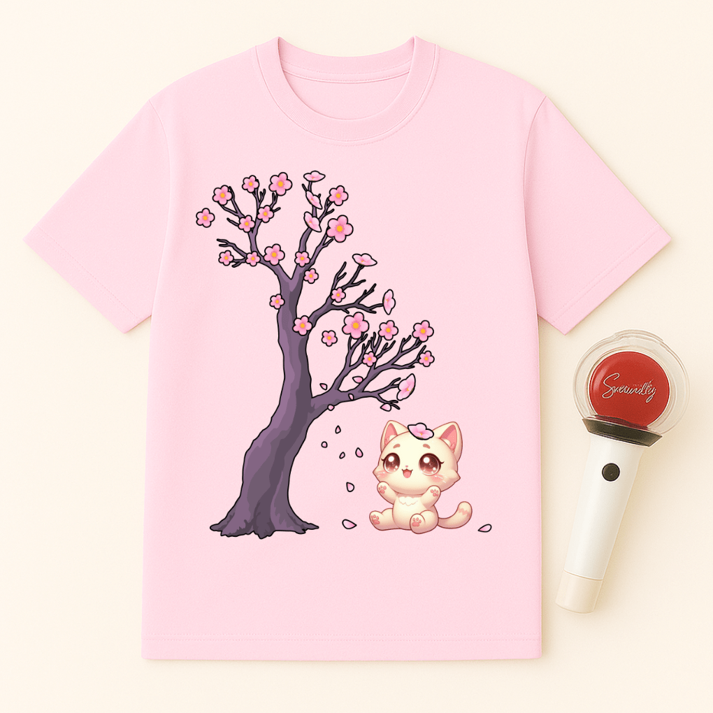 CAT UNDER CHERRY BLOSSOM TREE UNISEX T-SHIRT