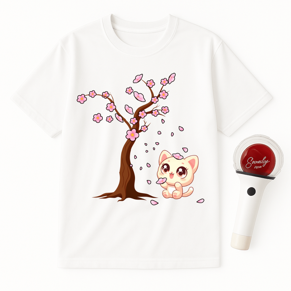 CAT WITH SAKURA TREE BLOSSOMS UNISEX T-SHIRT