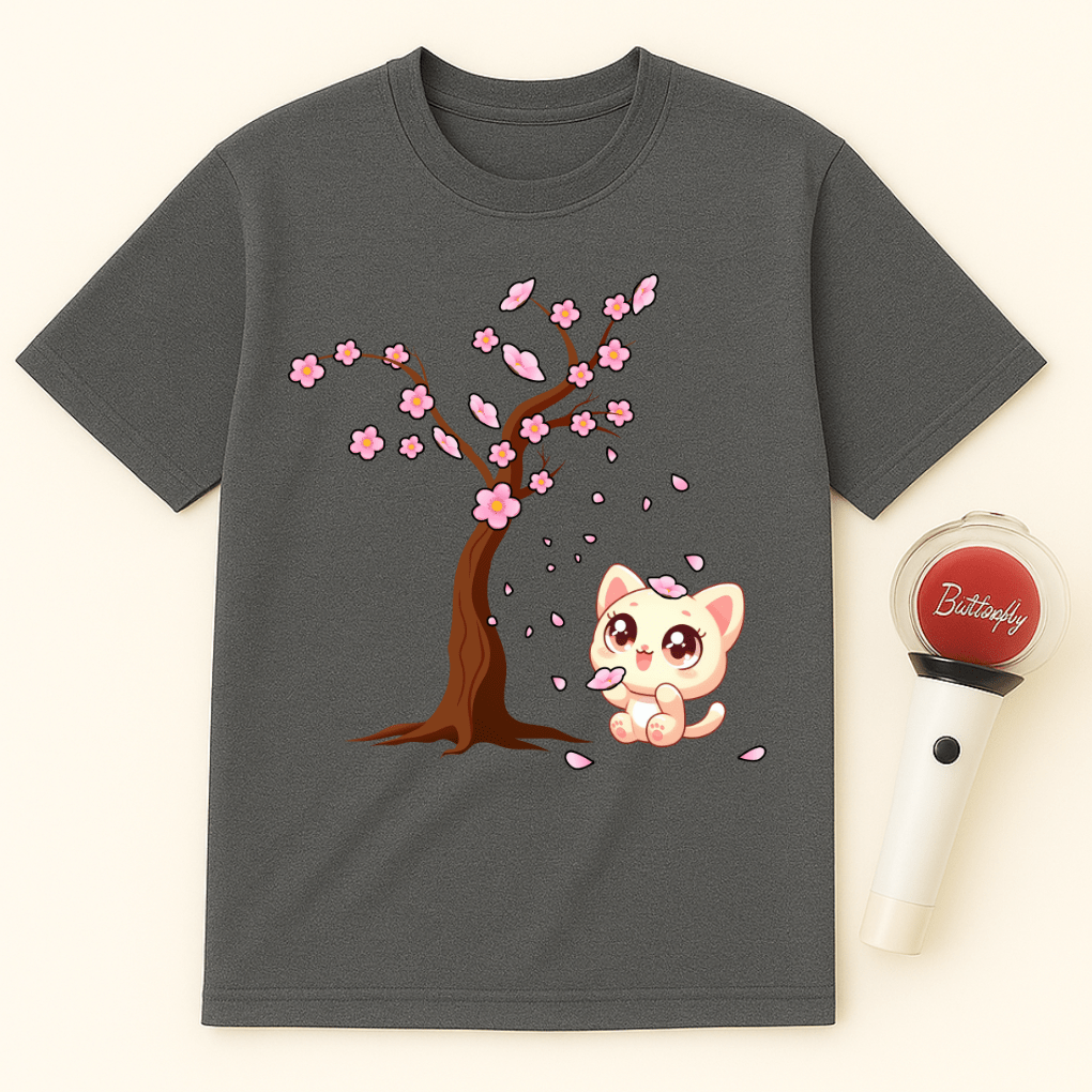 CAT WITH SAKURA TREE BLOSSOMS UNISEX T-SHIRT
