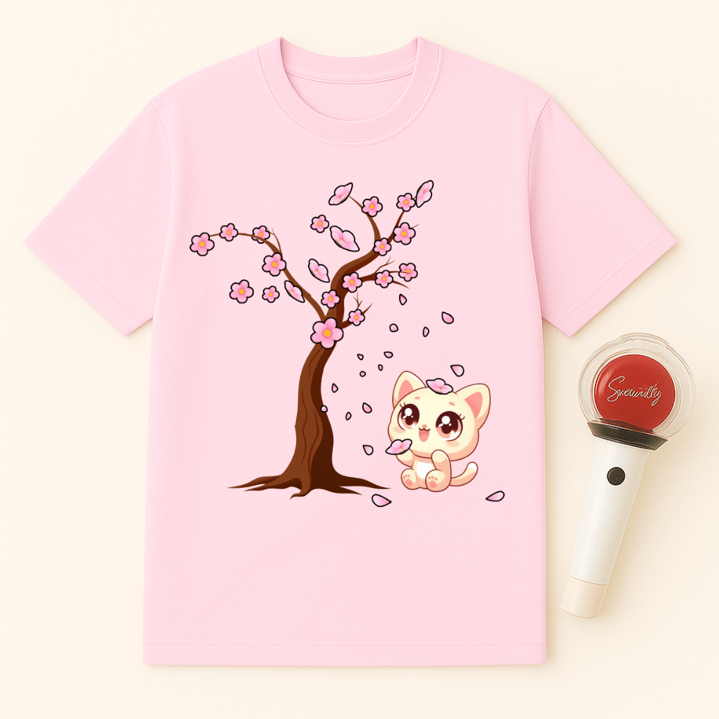 CAT WITH SAKURA TREE BLOSSOMS UNISEX T-SHIRT
