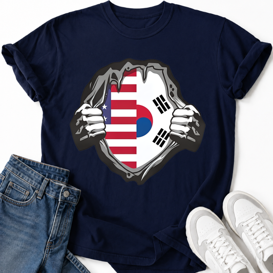 USA & SOUTH KOREA FLAG RIPPED CHEST T-SHIRT