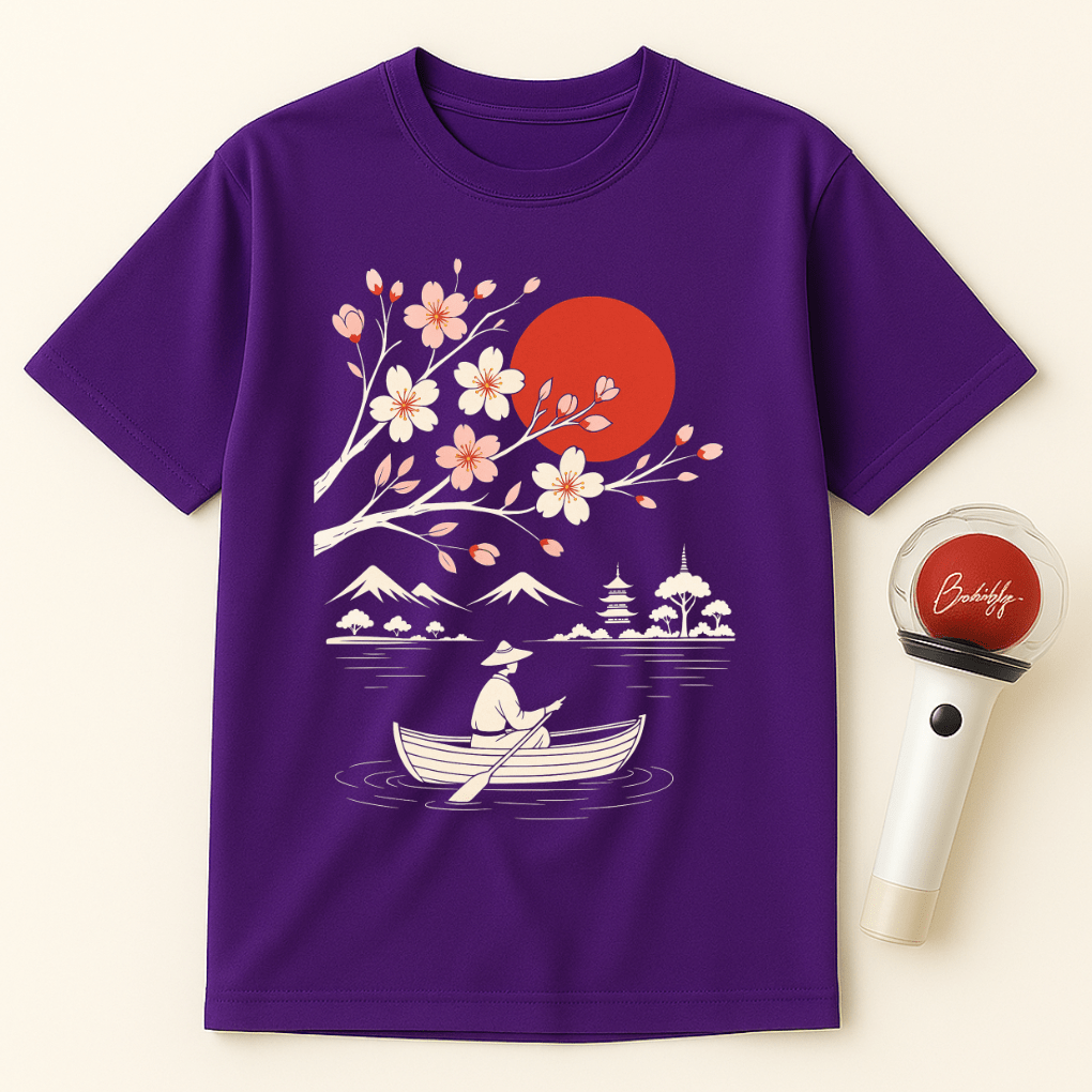 JAPANESE SUNSET BLOSSOMS BOAT UNISEX T-SHIRT