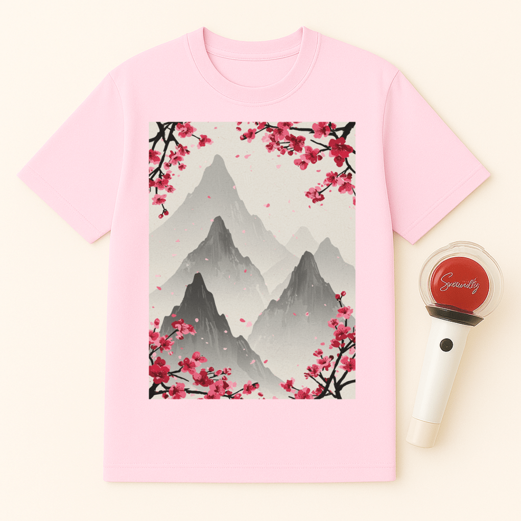MOUNTAINS RED CHERRY BLOSSOMS UNISEX T-SHIRT