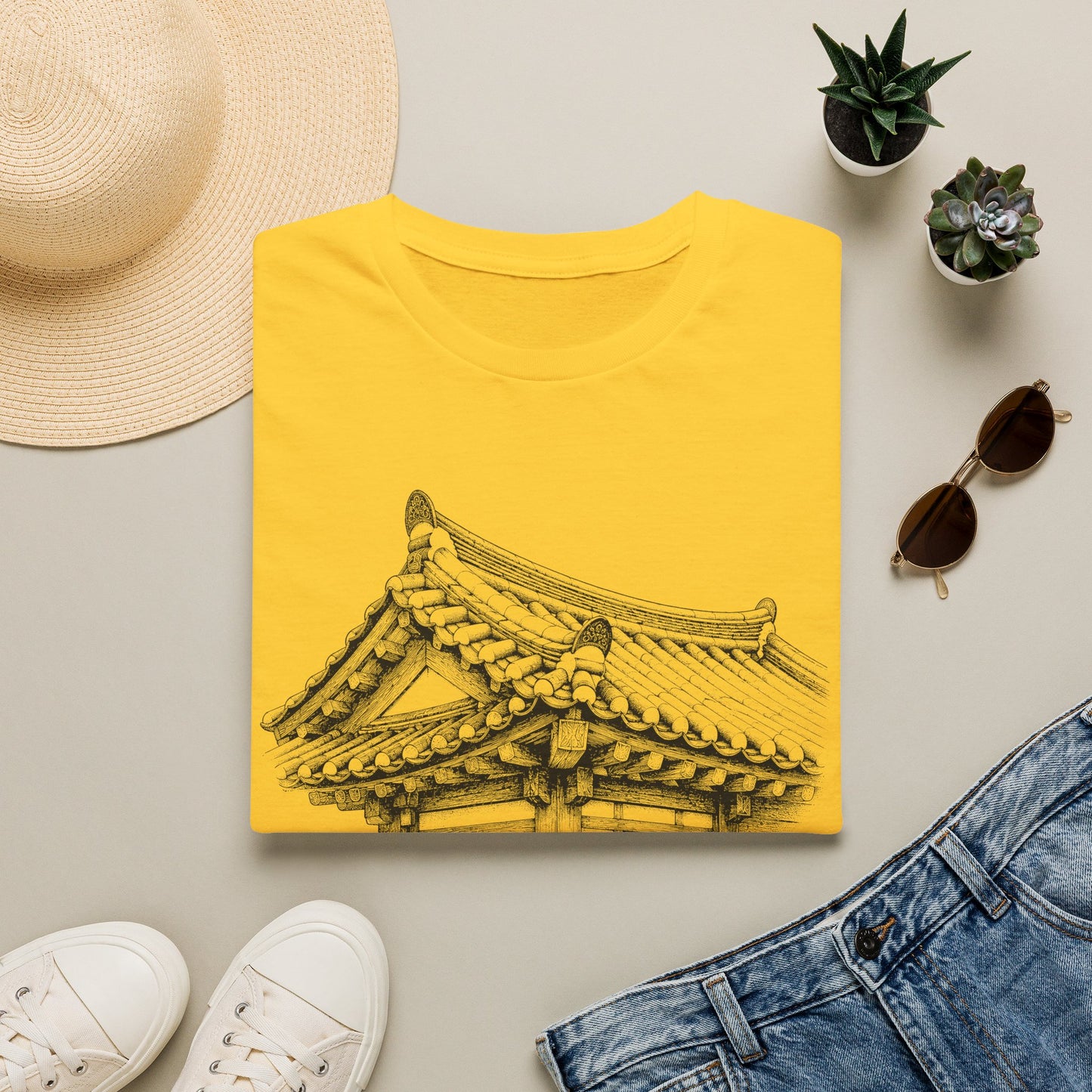 T-Shirt — Hanok Roof Sketch Tee with '한옥' Korean Heritage Design