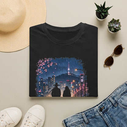 Romantic Night Stroll T-Shirt — Couple Silhouette Under Cherry Blossoms