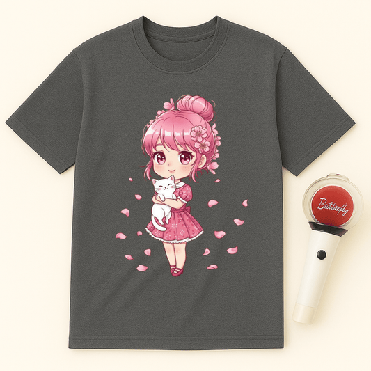 ANIME GIRL WHITE CAT T-SHIRT