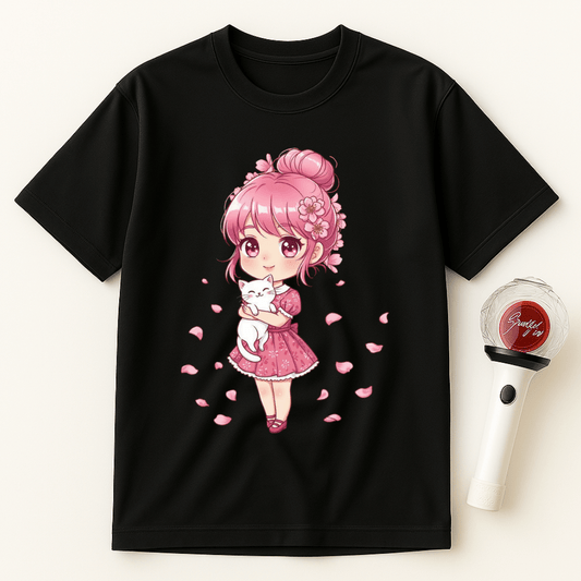 ANIME GIRL WHITE CAT T-SHIRT