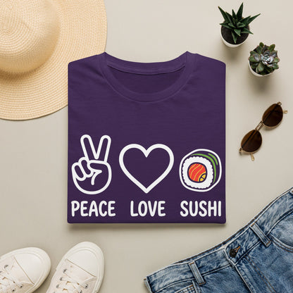 Peace Love Sushi T-Shirt — Cute Sushi Graphic Tee for Foodies
