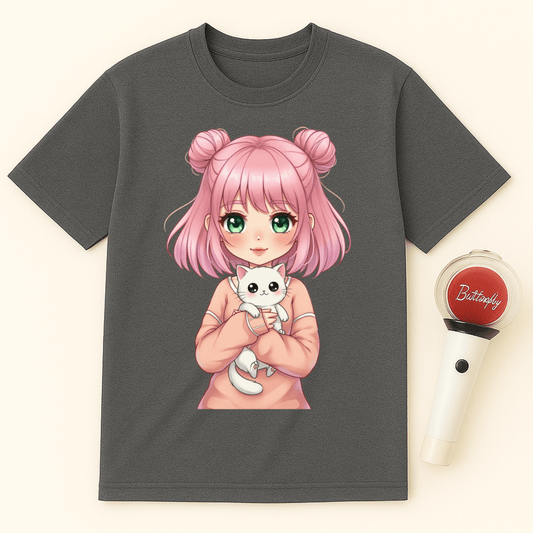 ANIME GIRL WITH CAT UNISEX T-SHIRT