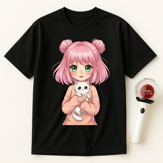 ANIME GIRL WITH CAT UNISEX T-SHIRT