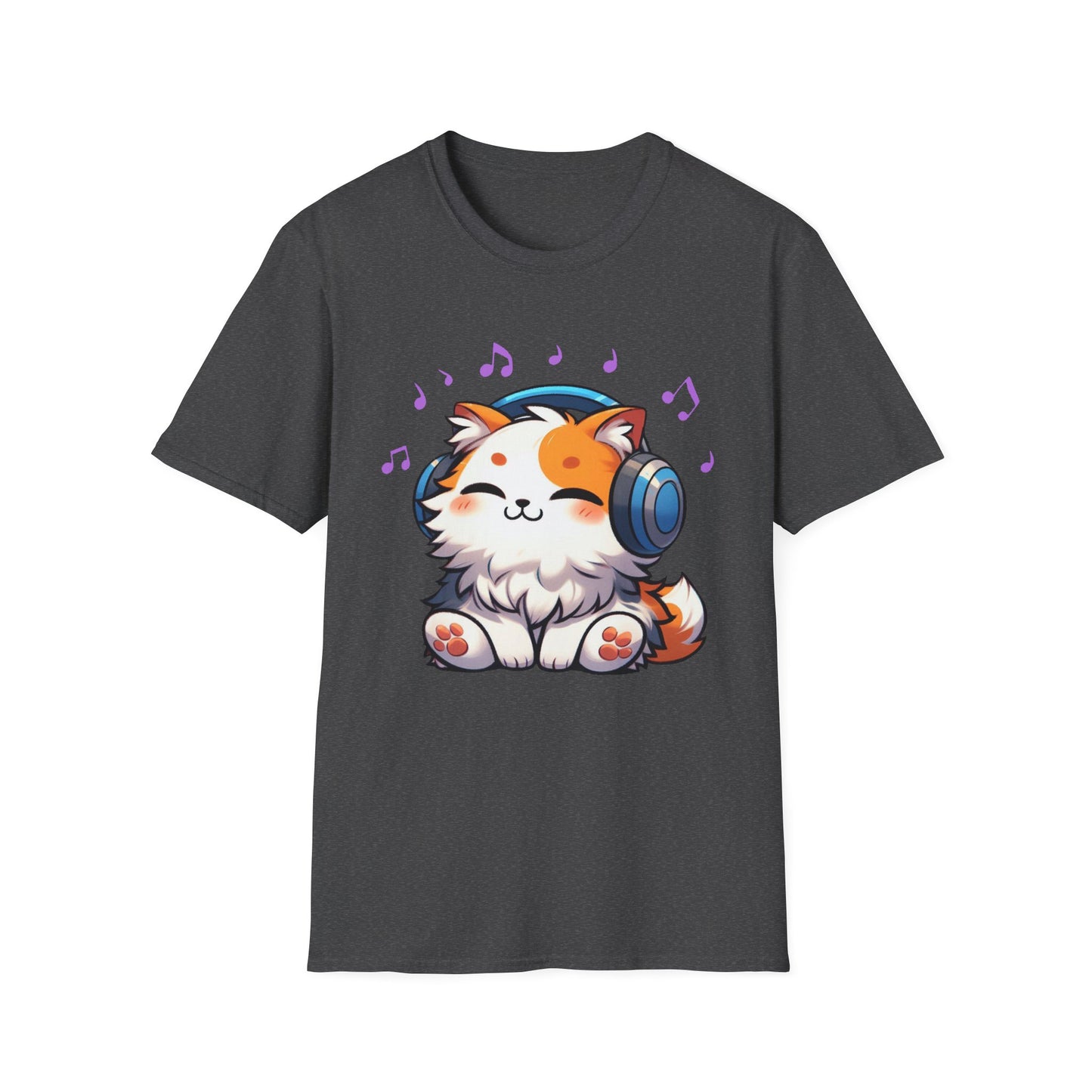 Cute Cat Music Lover T-Shirt - Unisex Softstyle Tee with Headphones and Musical Notes