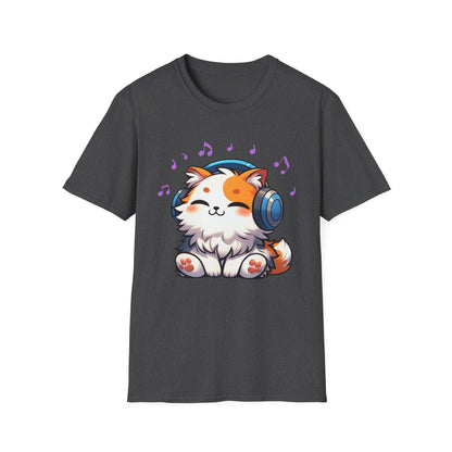 Cute Cat Music Lover T-Shirt - Unisex Softstyle Tee with Headphones and Musical Notes